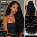UrbanChichair Virgin Water Wave Bundles Double Drawn model wearing long glossy water wave human hair with product benefits and texture details.