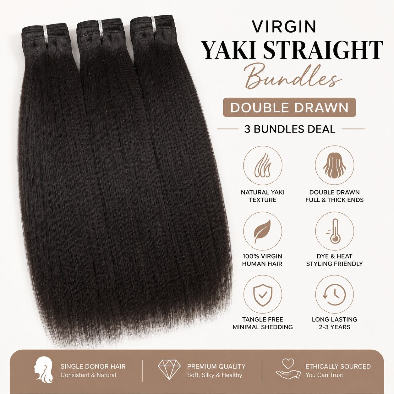 UrbanChichair Virgin Yaki Straight human hair bundles showing double drawn fullness, natural yaki texture, and smooth shine.