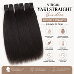 UrbanChichair Virgin Yaki Straight human hair bundles showing double drawn fullness, natural yaki texture, and smooth shine.