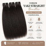 UrbanChichair Virgin Yaki Straight human hair bundles showing double drawn fullness, natural yaki texture, and smooth shine.