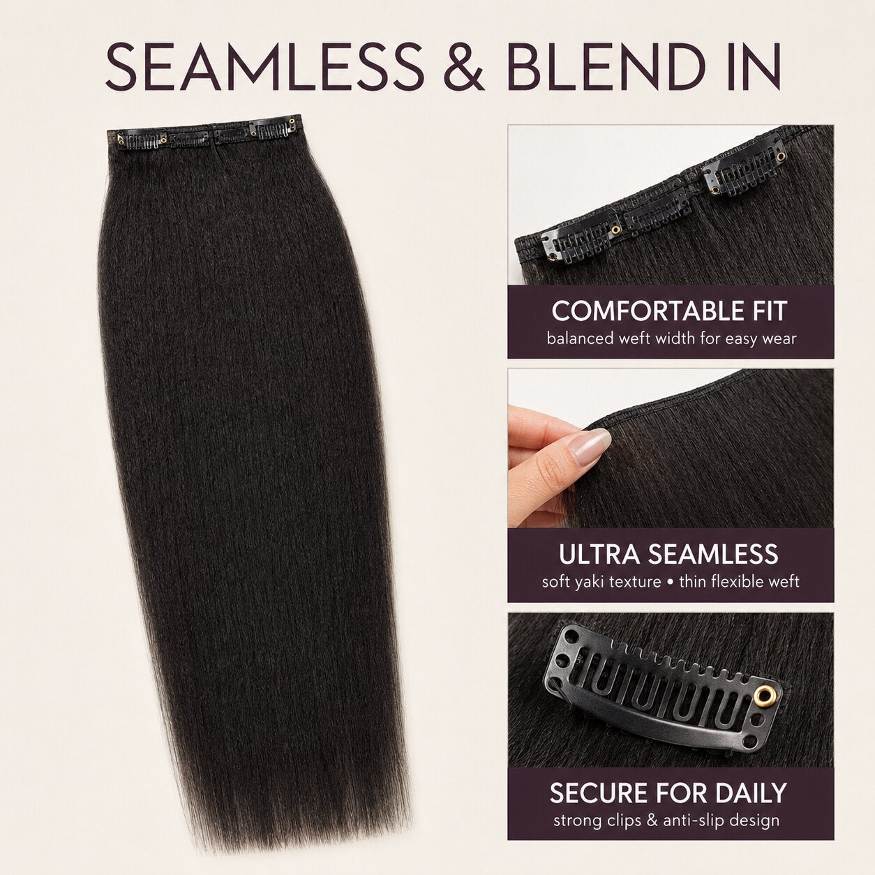 UrbanChichair Yaki Straight Clip-In Extensions feature image highlighting seamless blend, comfortable fit, ultra-thin weft, and secure clips