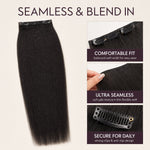 UrbanChichair Yaki Straight Clip-In Extensions feature image highlighting seamless blend, comfortable fit, ultra-thin weft, and secure clips