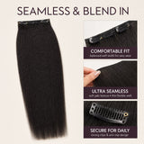 UrbanChichair Yaki Straight Clip-In Extensions feature image highlighting seamless blend, comfortable fit, ultra-thin weft, and secure clips