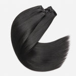 UrbanChichair Yaki Straight clip-in hair extensions feature image showing 0.59mm invisible weft, lightweight 100g set, seamless blend, and 100% human hair