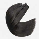 UrbanChichair Yaki Straight clip-in hair extensions feature image showing 0.59mm invisible weft, lightweight 100g set, seamless blend, and 100% human hair