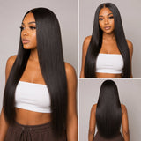 UrbanChichair Yaki Straight clip-in hair extensions model display showing front, side, and back views of long natural black hair