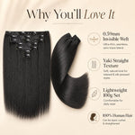 UrbanChichair Yaki Straight invisible clip-in hair extensions in natural black with smooth texture and curved product display