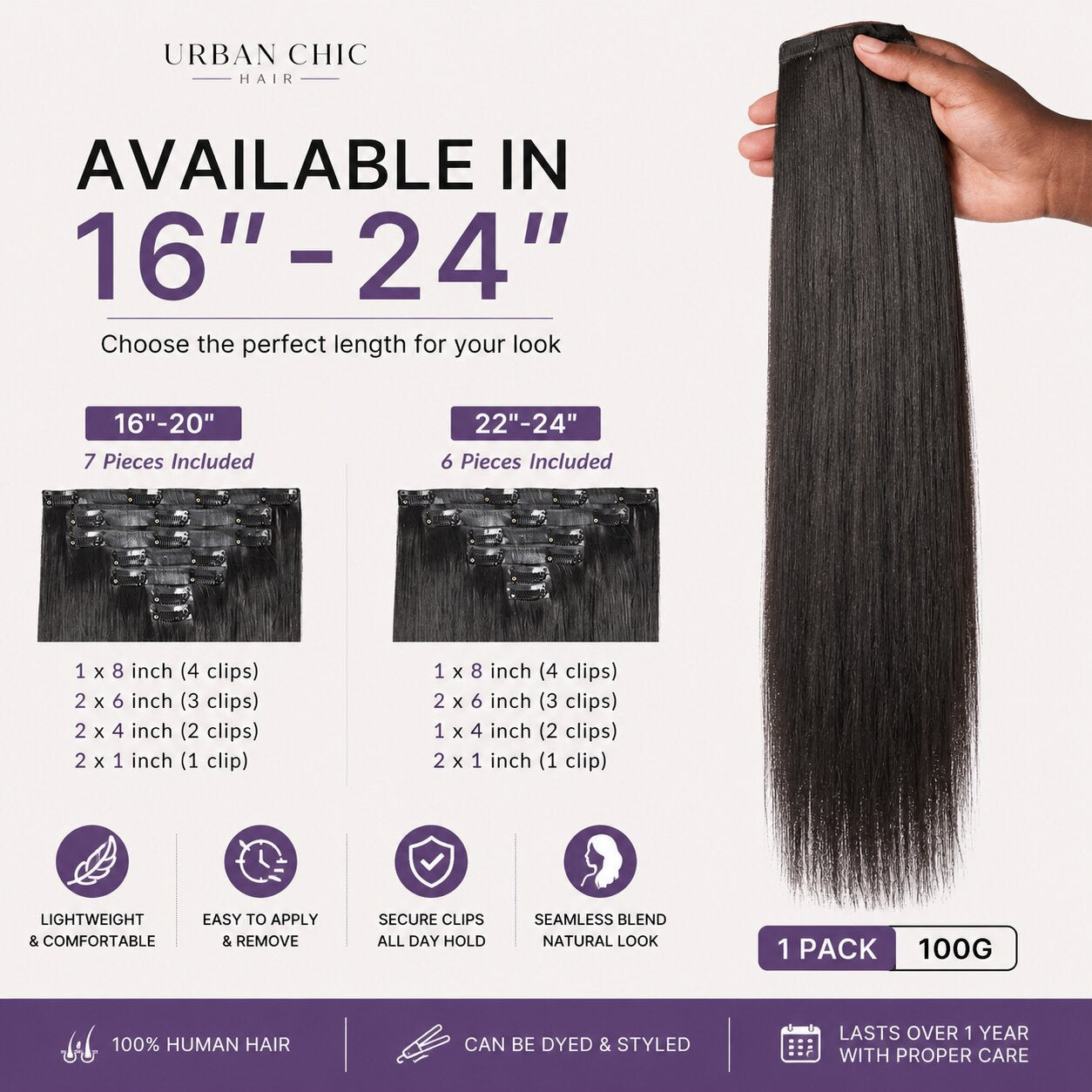 UrbanChichair Yaki Straight invisible clip-in hair extensions size guide showing 16 to 24 inch options, 100g pack, and 6 or 7 piece sets