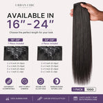 UrbanChichair Yaki Straight invisible clip-in hair extensions size guide showing 16 to 24 inch options, 100g pack, and 6 or 7 piece sets