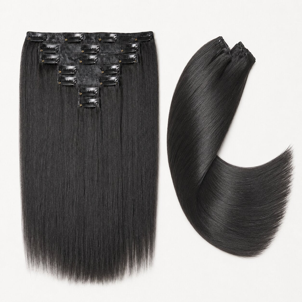 UrbanChichair Yaki Straight invisible clip-in human hair extensions flat lay with natural black textured straight hair and secure clips