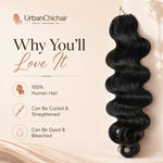 UrbanChichair body wave crochet human hair extensions with invisible string top, pre-separated strands detail, and soft wave texture close-up product collage.