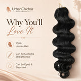 UrbanChichair body wave crochet human hair extensions with invisible string top, pre-separated strands detail, and soft wave texture close-up product collage.