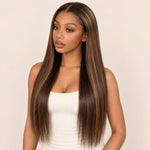 UrbanChichair chestnut brown honey blonde highlight 13x4 glueless lace front human hair wig with pre-plucked hairline