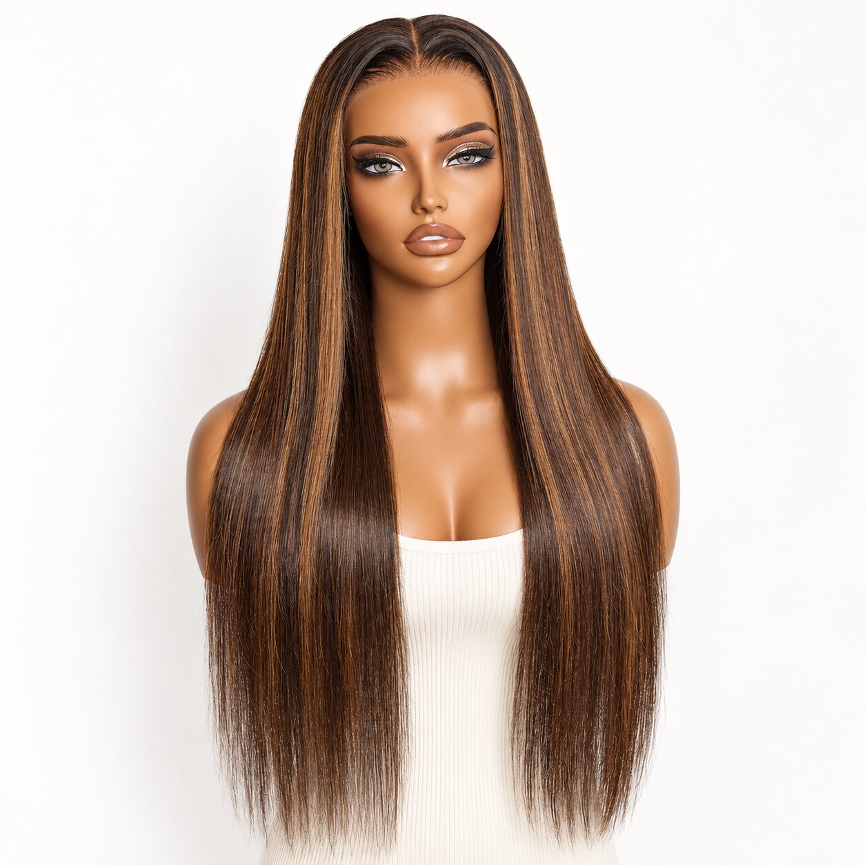 UrbanChichair chestnut brown honey blonde highlight silky straight 13x4 lace front human hair wig front view