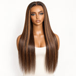 UrbanChichair chestnut brown honey blonde highlight silky straight 13x4 lace front human hair wig front view