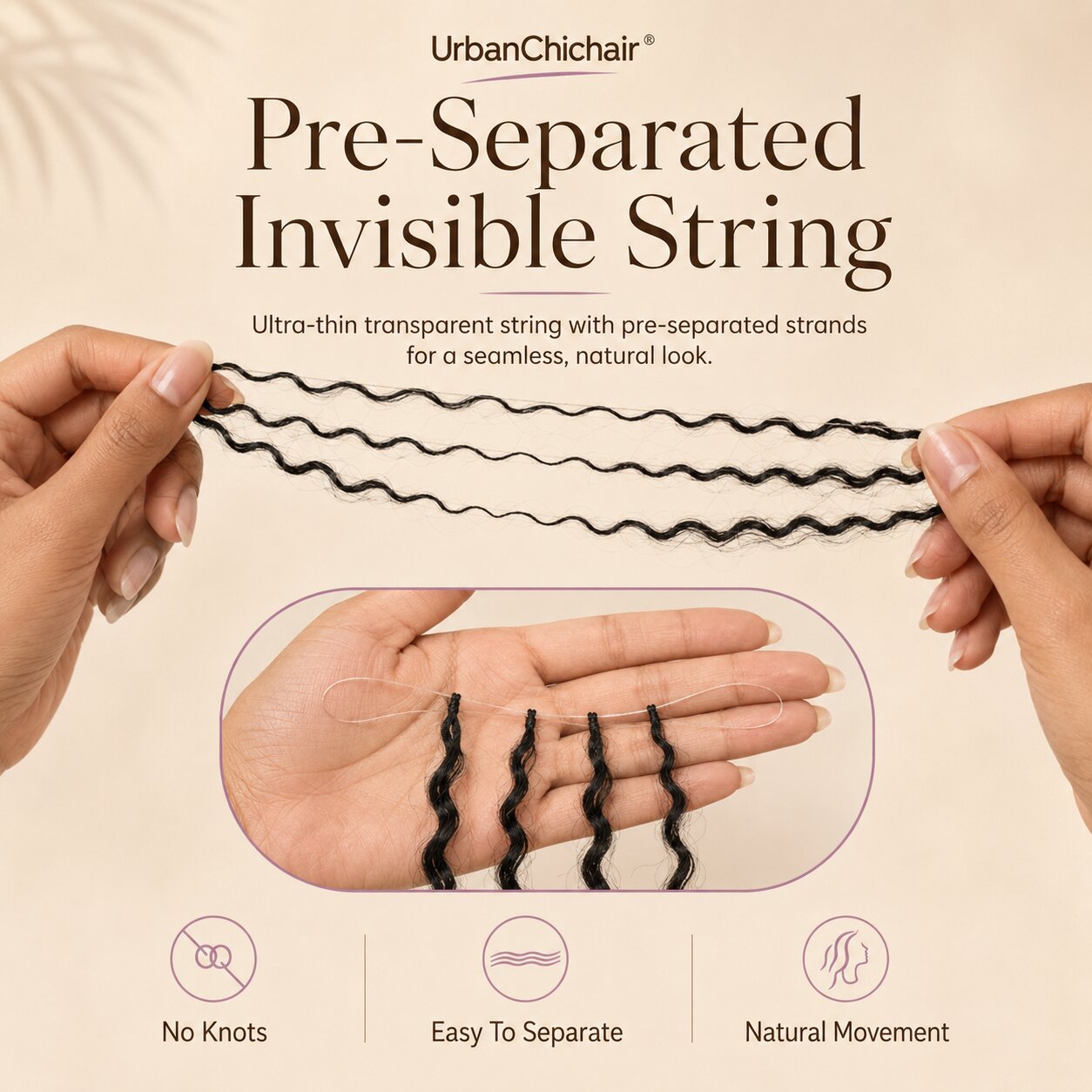 UrbanChichair crochet hair installation guide showing step-by-step process for installing pre-separated feather crochet human hair.