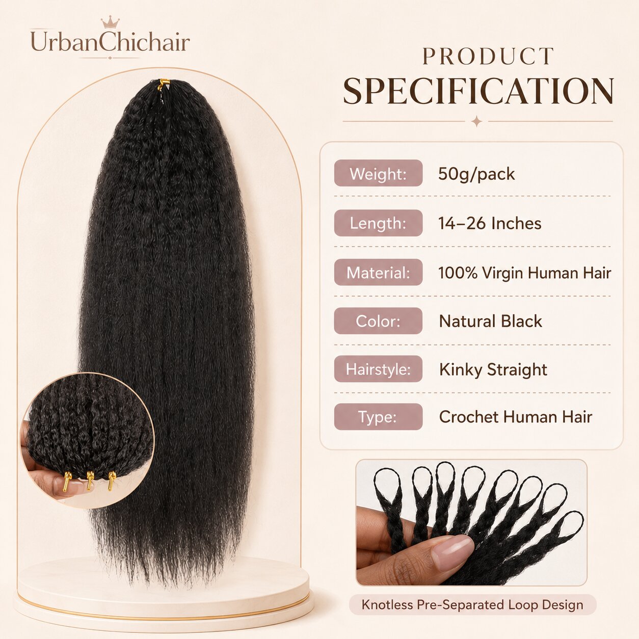 UrbanChichair invisible knotless crochet hair installation guide showing step-by-step use of pre-separated kinky straight human hair for a seamless natural blend.