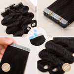 UrbanChichair invisible tape in hair extensions detail with 4cm lightweight tape tabs and soft body wave human hair texture
