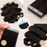 UrbanChichair invisible tape in hair extensions detail with 4cm lightweight tape tabs and soft body wave human hair texture