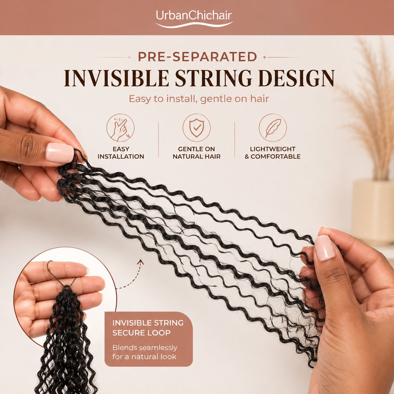 UrbanChichair kinky curly crochet human hair close-up feature layout highlighting pre-separated strands, soft bouncy curls, defined curly ends, and reusable lightweight texture for natural boho braids