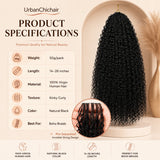 UrbanChichair kinky curly crochet human hair extensions product feature infographic showing pre-separated invisible string design, bouncy soft texture, defined curly ends, and reusable 100% virgin human hair for boho braids