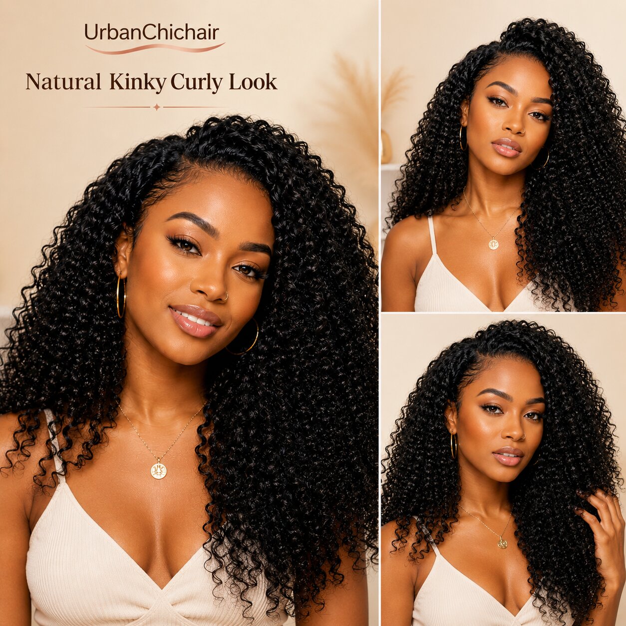 UrbanChichair kinky curly crochet human hair on Black female model showing natural voluminous curls, boho braid inspired hairstyle, soft glam makeup and natural black curly texture