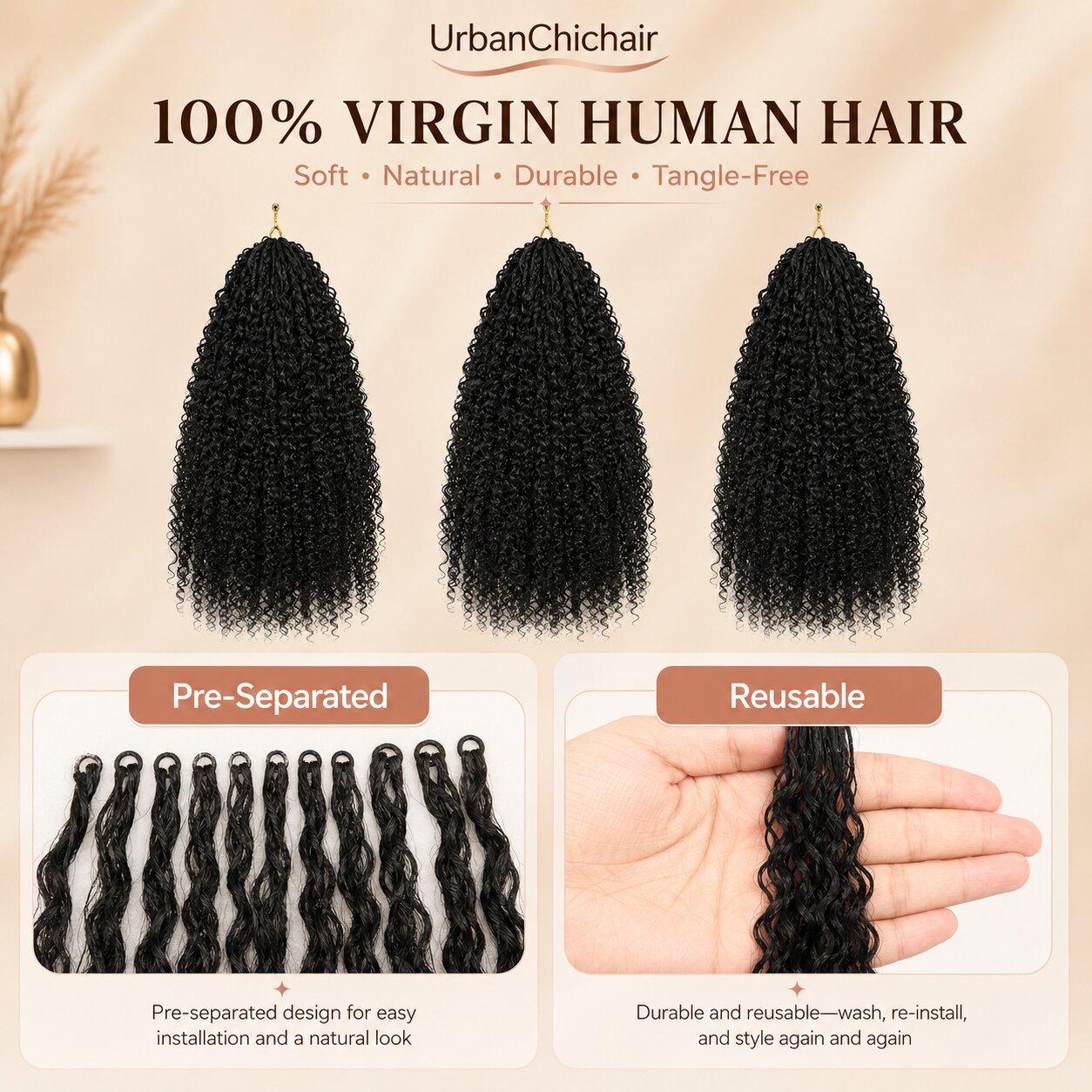 UrbanChichair kinky curly crochet human hair product specification layout showing 50g bundles, 14–26 inch length, 100% virgin human hair, natural black color, and boho braid styling use