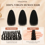 UrbanChichair kinky curly crochet human hair product specification layout showing 50g bundles, 14–26 inch length, 100% virgin human hair, natural black color, and boho braid styling use