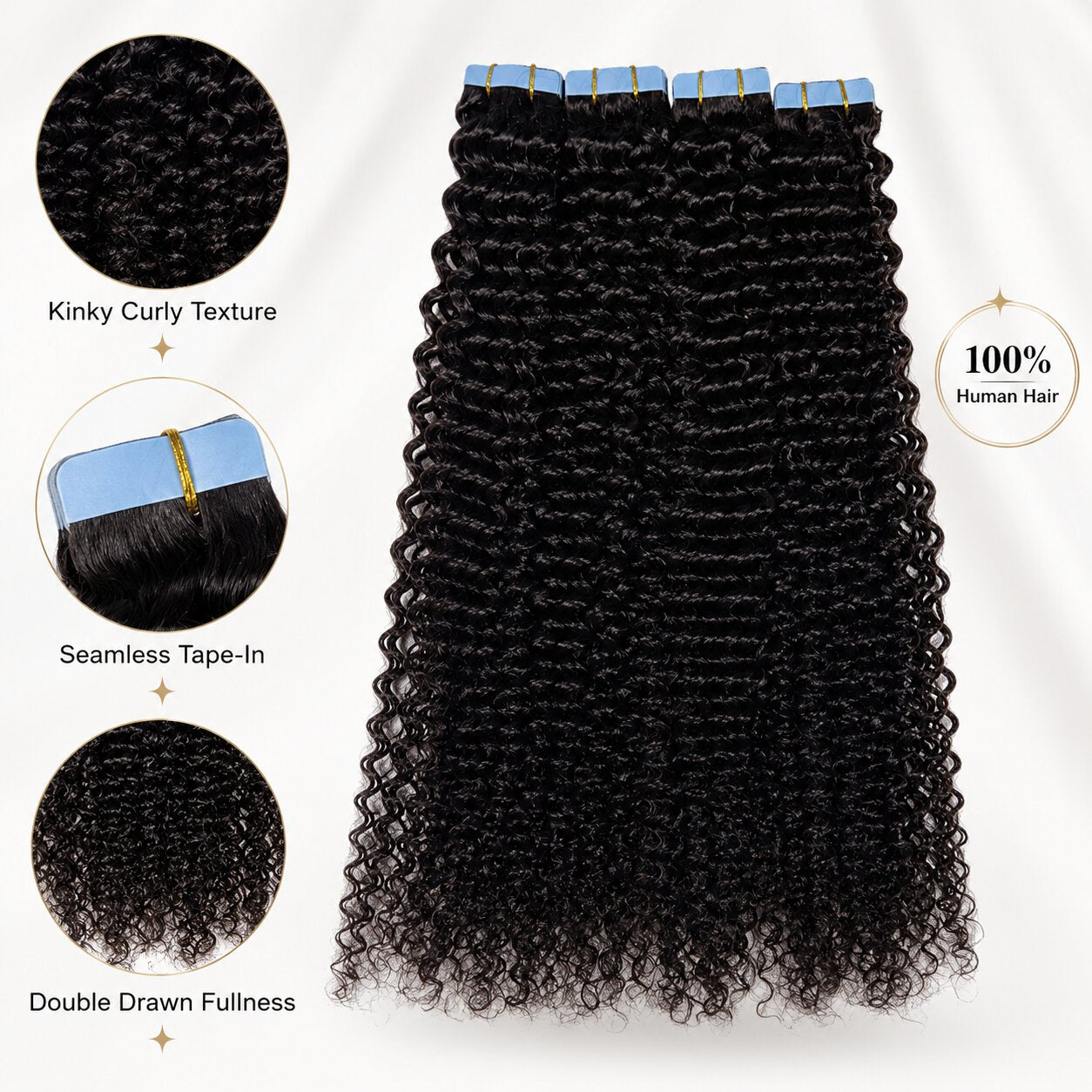 UrbanChichair kinky curly tape in hair extensions detail image showing seamless tape-in tabs, defined curl texture, double drawn fullness, and 100% human hair quality.