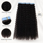 UrbanChichair kinky curly tape in hair extensions detail image showing seamless tape-in tabs, defined curl texture, double drawn fullness, and 100% human hair quality.