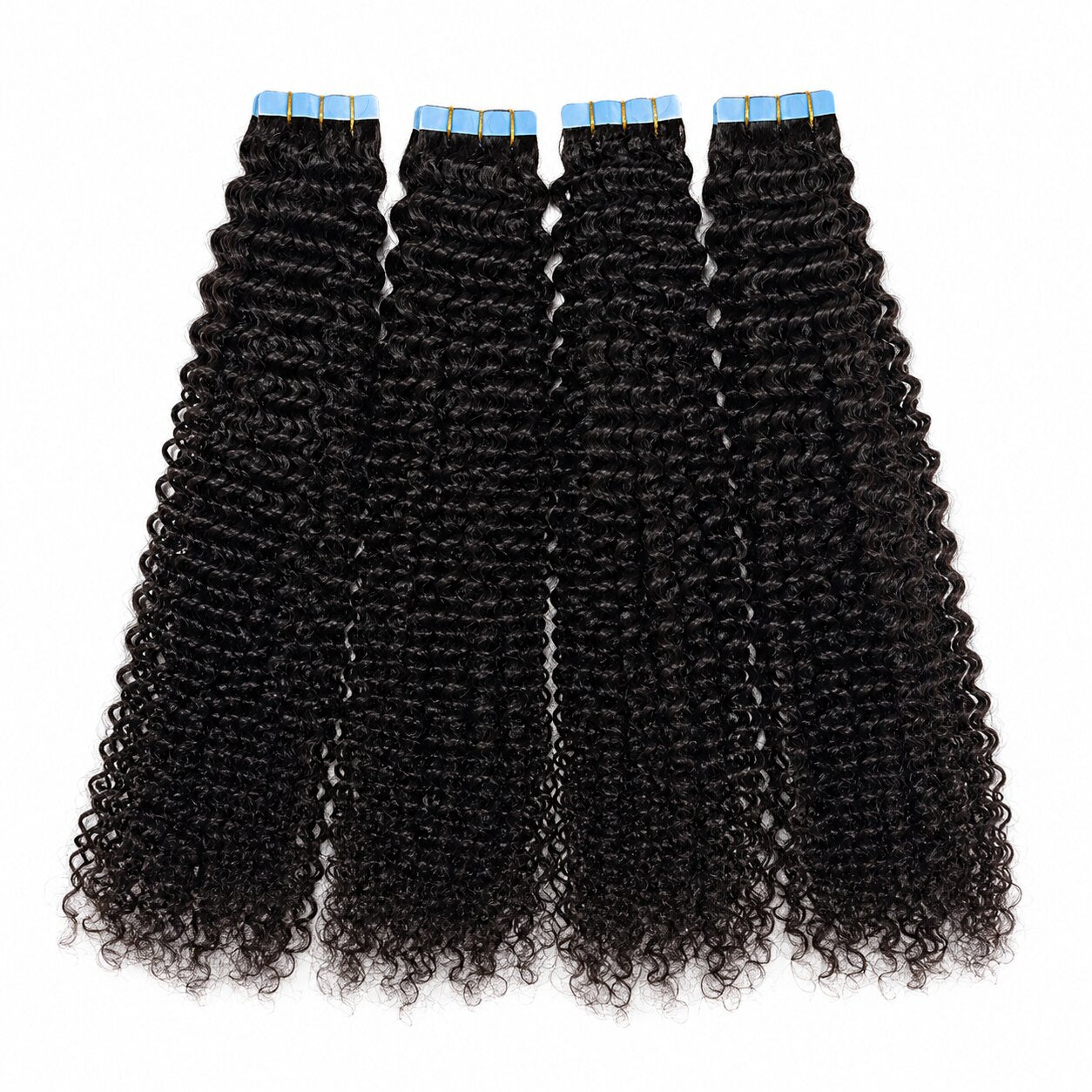 UrbanChichair kinky curly tape in hair extensions double drawn in natural black with blue tape tabs, showing full curly texture and thick ends.