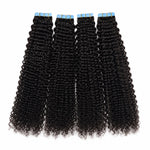 UrbanChichair kinky curly tape in hair extensions double drawn in natural black with blue tape tabs, showing full curly texture and thick ends.