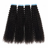 UrbanChichair kinky curly tape in hair extensions double drawn in natural black with blue tape tabs, showing full curly texture and thick ends.
