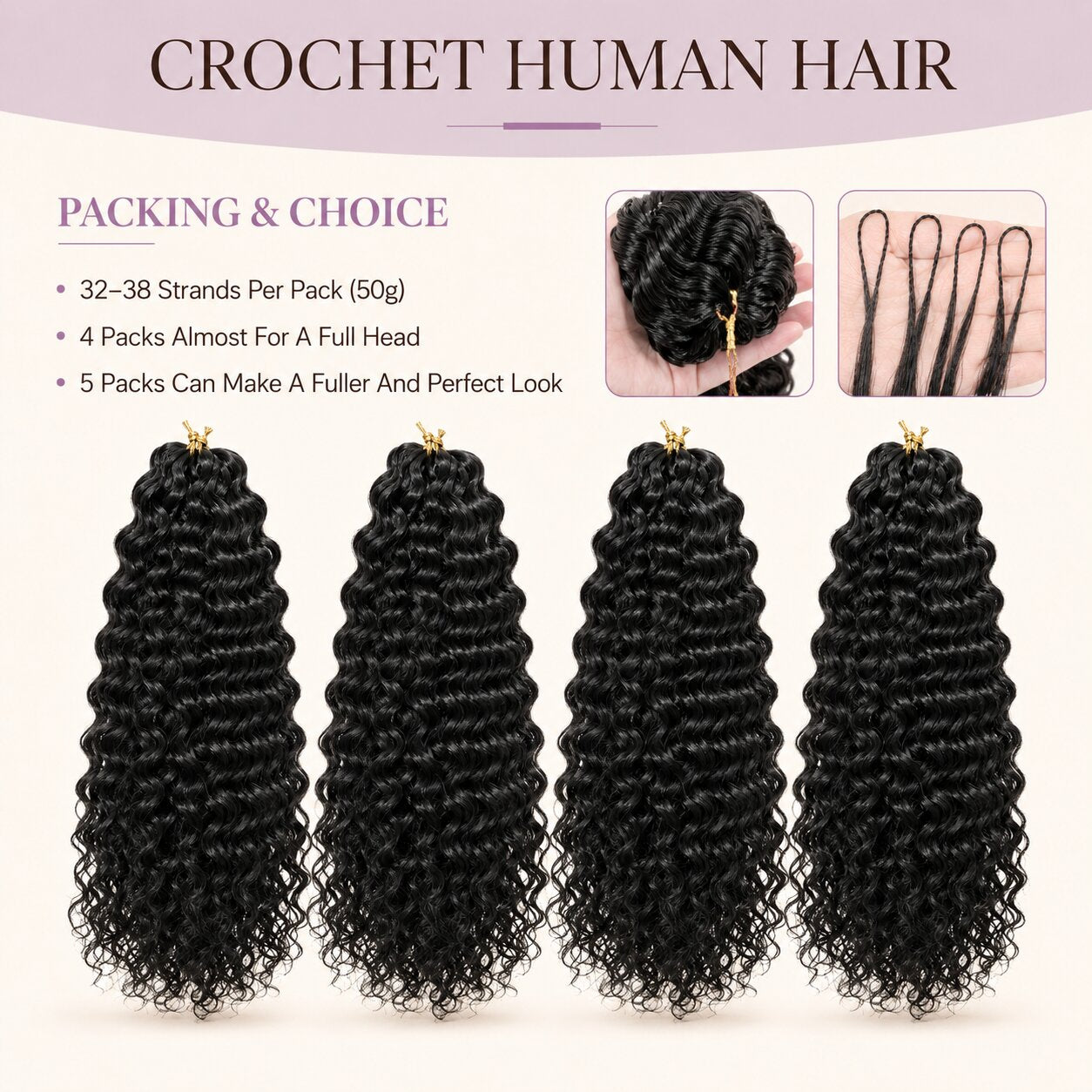 UrbanChichair lightweight water wave crochet human hair bundles in natural black, shown in a clean flat lay with glossy wave texture.