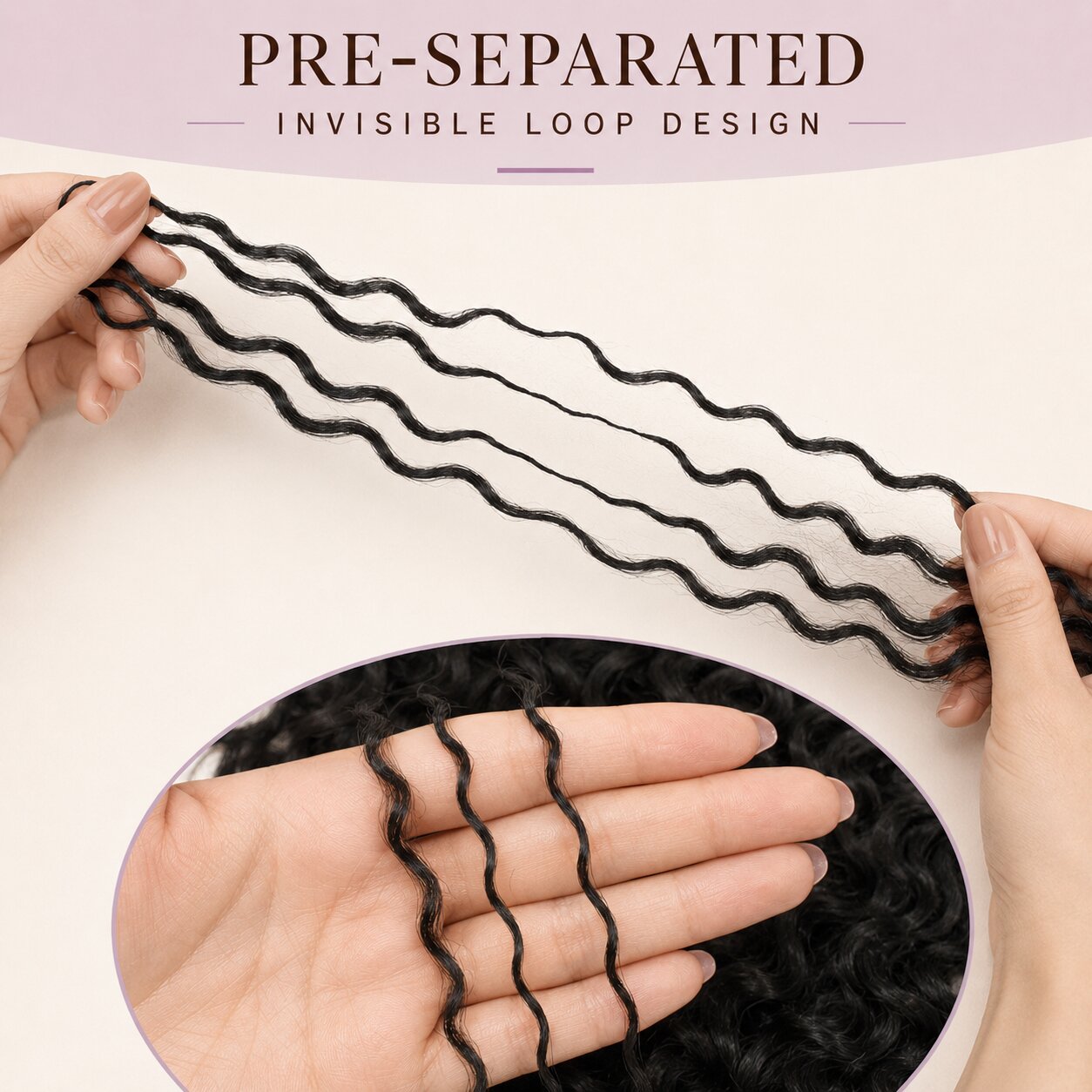 UrbanChichair lightweight water wave crochet human hair feature infographic with invisible loop design, pre-separated strands, and 100% human hair texture.