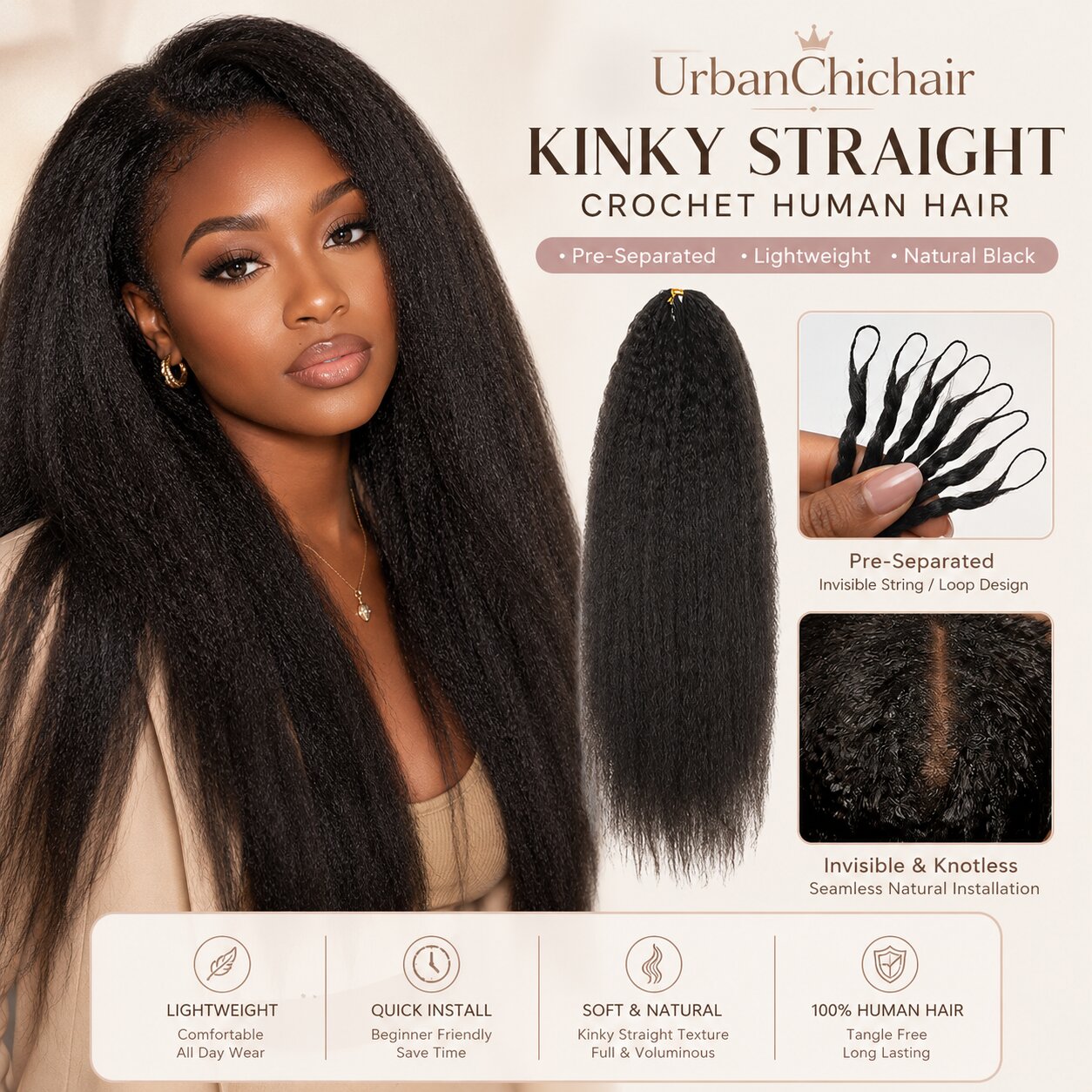 UrbanChichair multi-angle model showcase featuring long kinky straight crochet human hair with soft volume, natural black texture, and realistic blended styling.