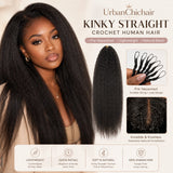 UrbanChichair multi-angle model showcase featuring long kinky straight crochet human hair with soft volume, natural black texture, and realistic blended styling.