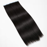 UrbanChichair straight invisible tape in human hair extensions displayed on a white background with smooth silky texture.
