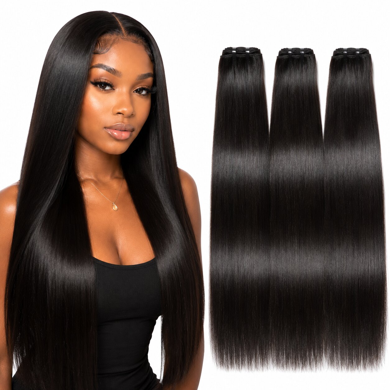 UrbanChichair straight virgin human hair bundles with model wearing sleek silky straight hair and matching double drawn bundles