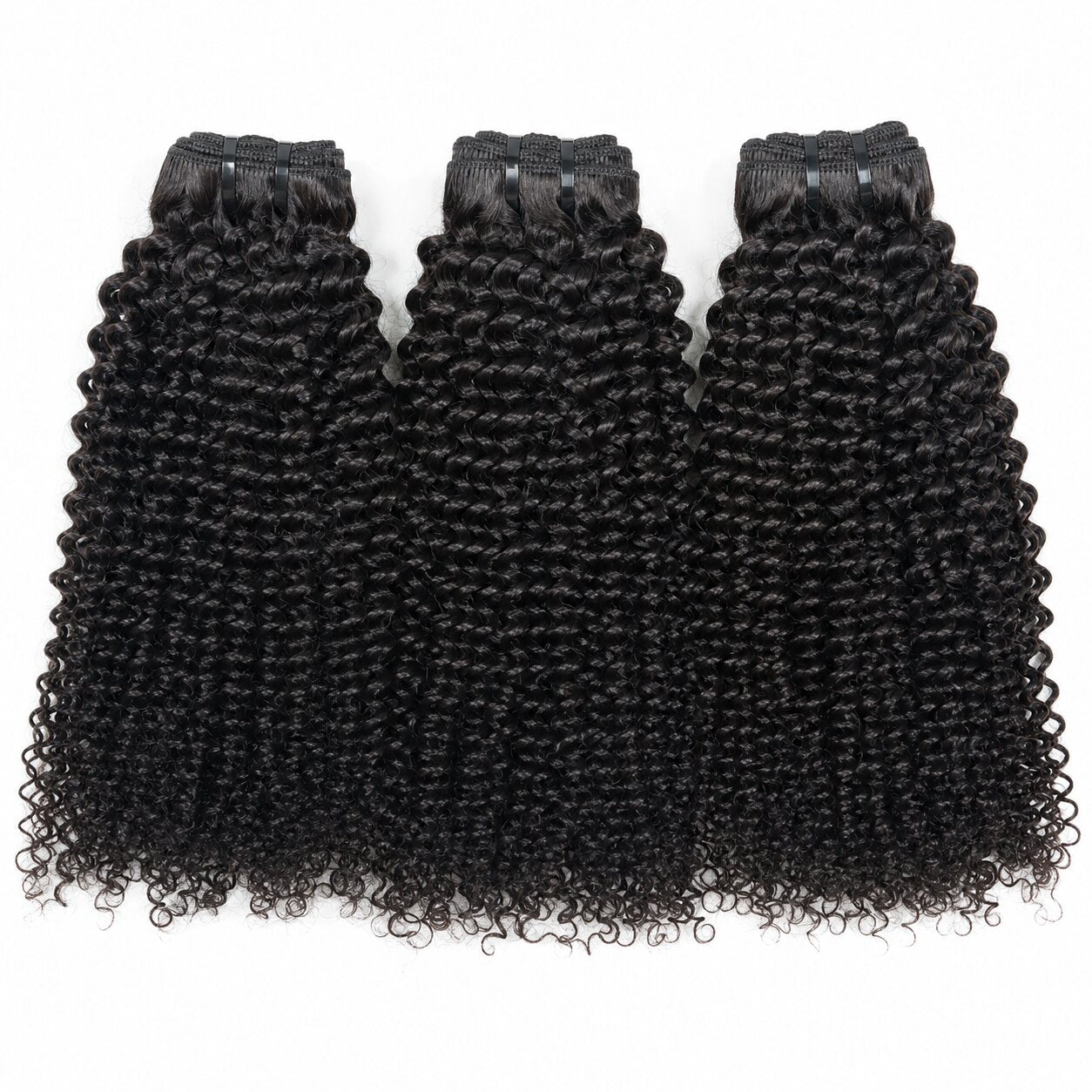 Virgin Kinky Curly Bundles Double Drawn in natural black color, three human hair bundles with defined kinky curly texture and full ends.