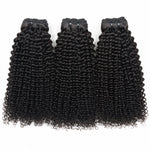 Virgin Kinky Curly Bundles Double Drawn in natural black color, three human hair bundles with defined kinky curly texture and full ends.