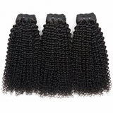 Virgin Kinky Curly Bundles Double Drawn in natural black color, three human hair bundles with defined kinky curly texture and full ends.
