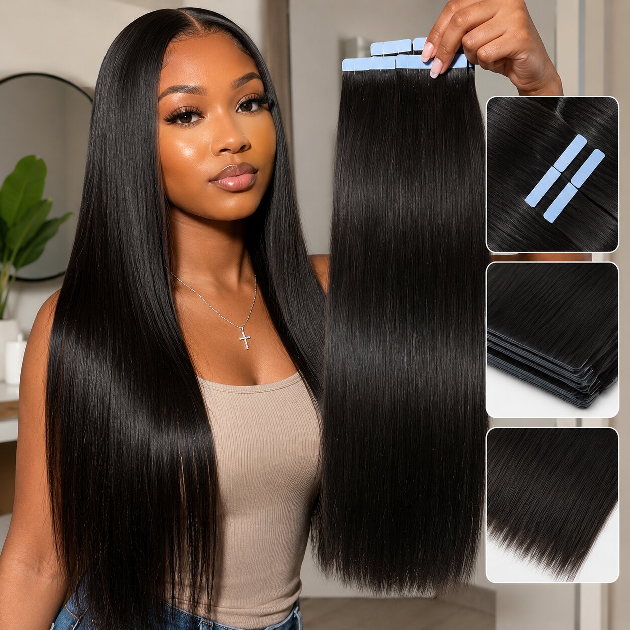 Young Black woman holding straight invisible tape in hair extensions with sleek glossy black hair and natural seamless texture.