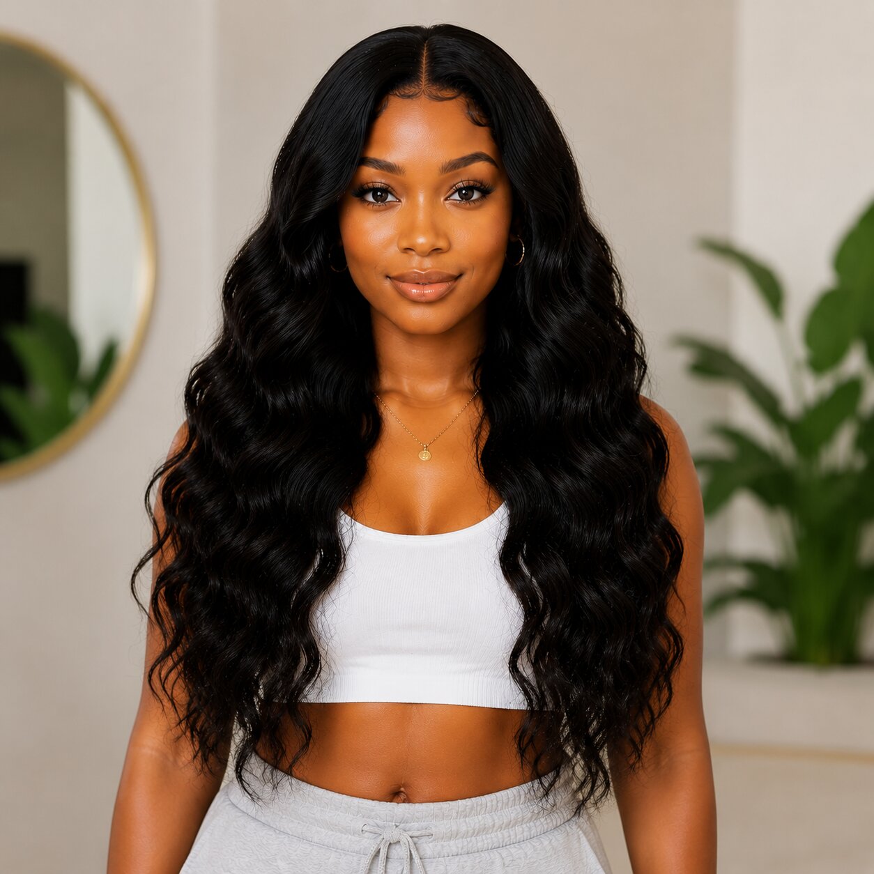 Young Black woman standing in a bright indoor studio wearing a white crop top and gray sweatpants. Hair is long, wavy, and glossy, styled to show natural volume and shine, set against a neutral minimalist background.