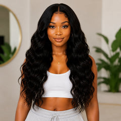 Young Black woman standing in a bright indoor studio wearing a white crop top and gray sweatpants. Hair is long, wavy, and glossy, styled to show natural volume and shine, set against a neutral minimalist background.