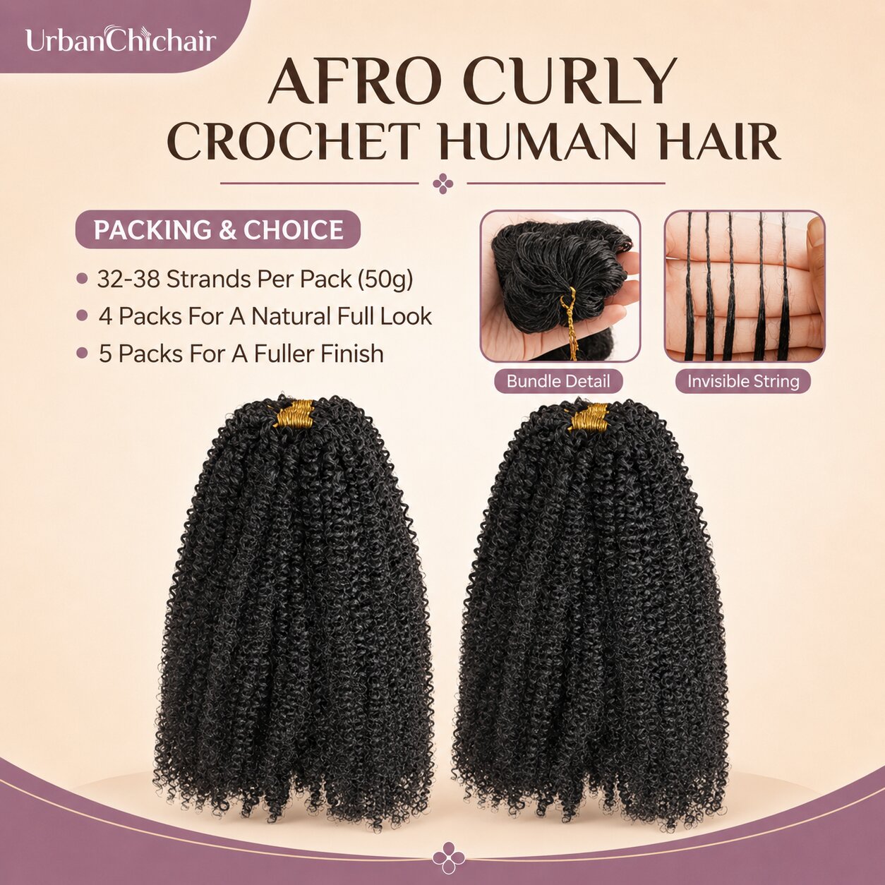 Young Black woman wearing full Afro curly crochet human hair extensions with natural volume and soft defined curls, styled for a premium boho braid look in warm studio lighting.