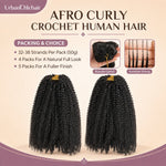 Young Black woman wearing full Afro curly crochet human hair extensions with natural volume and soft defined curls, styled for a premium boho braid look in warm studio lighting.
