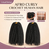 Young Black woman wearing full Afro curly crochet human hair extensions with natural volume and soft defined curls, styled for a premium boho braid look in warm studio lighting.