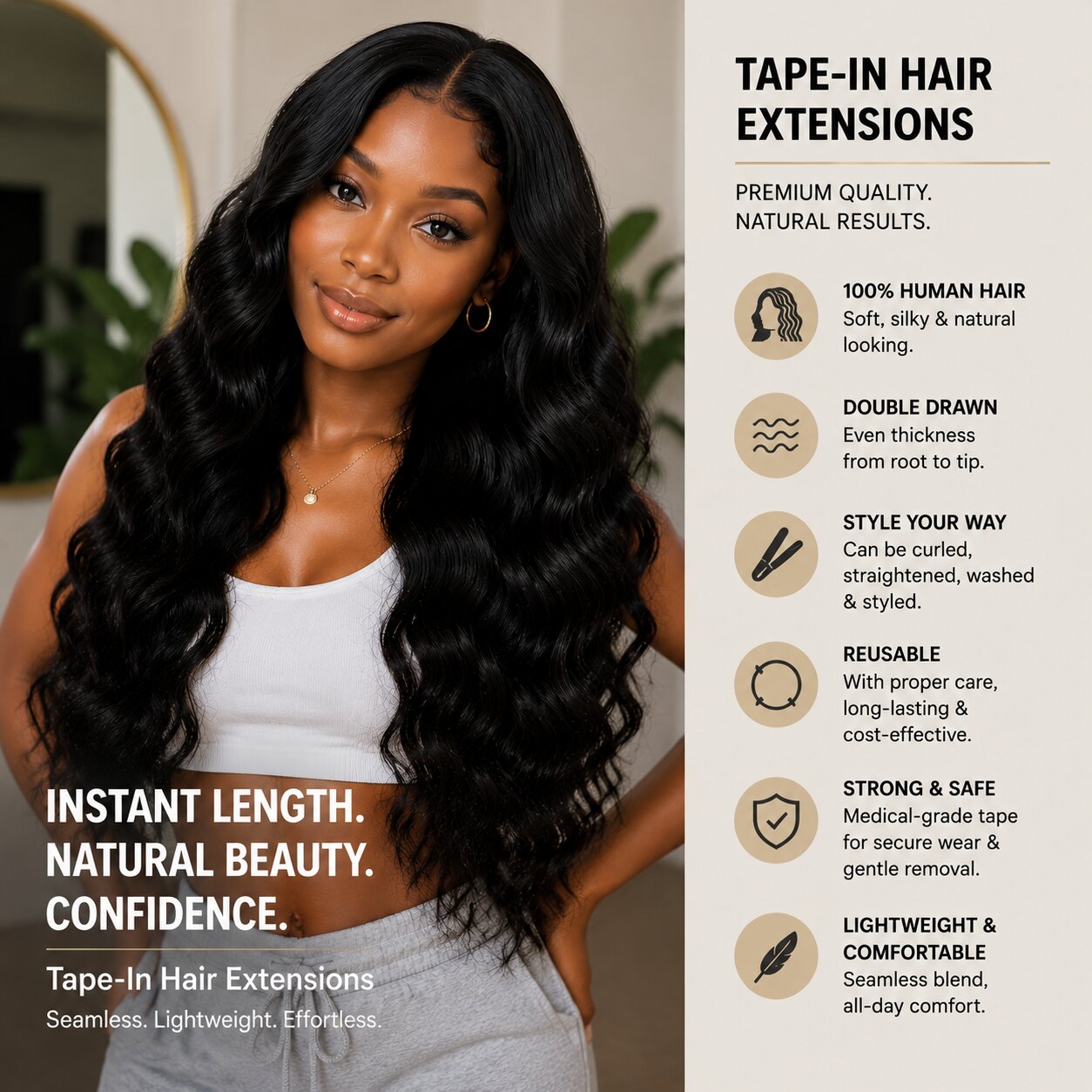 Young Black woman with long, voluminous black wavy hair wearing a white crop top and gray sweatpants. Side panel lists tape-in hair extension features including 100% human hair, double-drawn thickness, reusable, and lightweight comfort.