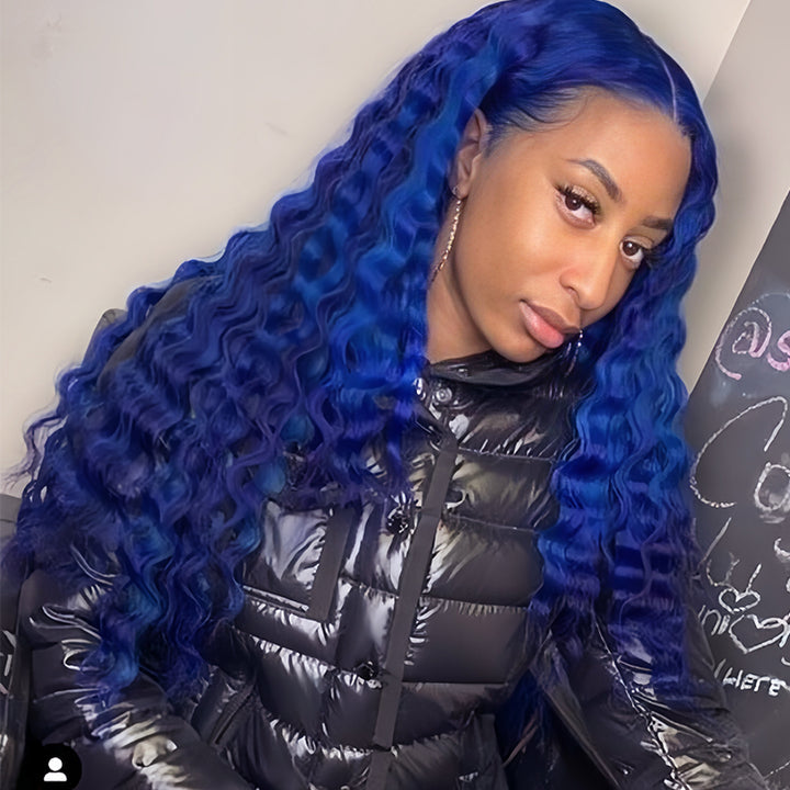 dark blue color Virgin Human Hair13x4 Transparent Lace Full Frontal Glueless  Wigs - URBAN CHIC HAIR